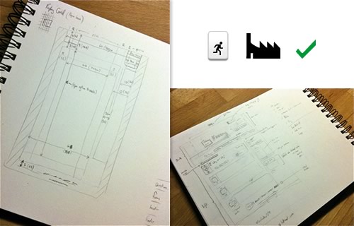 some notebook sketches made while designing The FAQtory